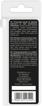Tył opakowania precyzyjnej pęsety do depilacji, czarna etykieta z opisem w 3 językach i kodem kreskowym.