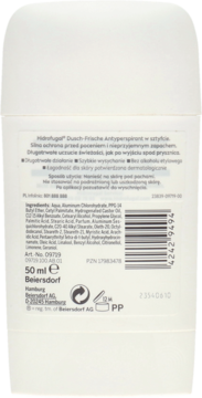 Tył białego antyperspirantu Hidrofugal Dusch-Frische 50 ml, widoczna lista składników i logo Beiersdorf.