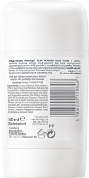 Tył białego antyperspirantu w sztyfcie Hidrofugal Dusch-Frische z tekstem o składnikach i kodem kreskowym.