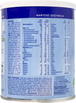 Bebilon Nenatal Home, tył biało-niebieskiej puszki z wyraźną tabelą wartości odżywczych dla niemowląt.