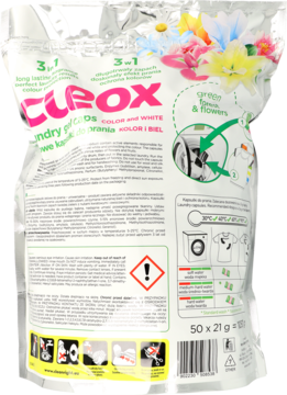 Tył opakowania kapsułek piorących Cleox 3w1 Color & White, z grafiką kwiatów i instrukcjami użycia.