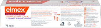 elmex Advanced Protection + Enamel Strengthening toothpaste 75ml, białe opakowanie, widok z tyłu pod kątem.