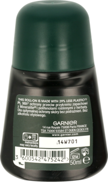 Ciemny antyperspirant Garnier 50ml, tył opakowania z polskim opisem o 29% mniej plastiku, zielona nakrętka.