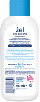 Tył białej butelki Bambino Rodzina żel pod prysznic 400 ml z niebieską nakrętką, widoczne etykieta i skład.