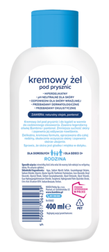 Tył białej butelki Bambino Rodzina Kremowy Żel pod Prysznic 400ml z niebieskim korkiem, widoczne informacje i kod kreskowy.