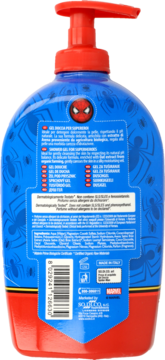 Tył niebiesko-czerwonego żelu pod prysznic Spider-Man z logo pająka, kodem kreskowym i listą składników.