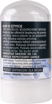 Tył naturalnego dezodorantu Ałun w sztyfcie, białe opakowanie z opisem '100% NATURALNY' i 'DLA WEGAN'.