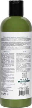 Zielony szampon wzmacniający Seaweed & Argan Oil, tył butelki z czarną nakrętką i etykietą ze składem.