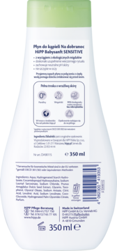 Tył białej butelki HIPP Babysanft SENSITIVE Płyn do kąpieli 350 ml z etykietą i składnikami.
