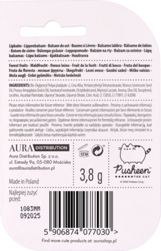 Tył opakowania balsamu do ust Pusheen leśne owoce, 3.8g, made in Poland, biało-różowe tło.