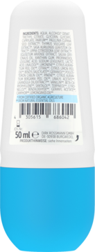 Tył białej butelki roll-on Alterra z niebieską zakrętką. Widoczna lista naturalnych składników, kod kreskowy i 50 ml.