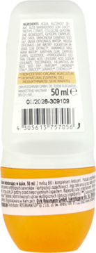 Biały dezodorant Alterra w kulce 50 ml, tył z widoczną etykietą składników i kodem kreskowym.
