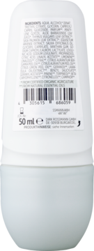 Tył białego dezodorantu w kulce Alterra Invisible 50 ml z aloesem BIO, widoczne składniki i kod kreskowy.