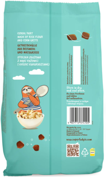 Tył jasnoniebieskiego opakowania poduszeczek zbożowych Superfudgio z ryżu i kukurydzy, leniwiec z miską.