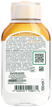 Tył butelki płynu micelarnego Garnier z olejkiem arganowym 100ml, widoczne składniki, QR kod i kod kreskowy.