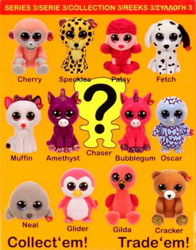 Colorful mini plush animal figures from Series 3, showing 11 characters and a mystery one, against orange background.