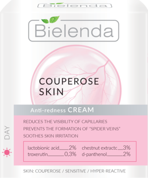 Bielenda Couperose Skin Anti-redness Day Cream w białym pudełku z różowymi akcentami, widok z przodu.