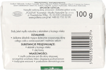 Biały Jeleń mydło naturalne z kozim mlekiem, tył białego opakowania z opisem działania i składników.