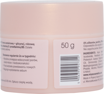 Tył różowego słoika myPUREexpress maseczki oczyszczającej 50g. Widoczne polskie teksty o składzie (kwas azelainowy) i użyciu.