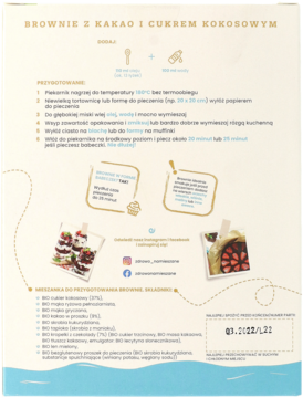 Tylne opakowanie mieszanki Zdrowo Namieszane do brownie z kakao i cukrem kokosowym, z instrukcjami i zdjęciami.