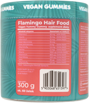 Tył opakowania Flamingo Hair Food Vegan Gummies, tealowy słoik z czerwoną etykietą, widoczna tabela składników.
