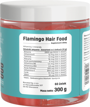 Słoik Flamingo Hair Food, suplement diety z biotyną i selenem. Biała etykieta z listą składników. Widok z boku.