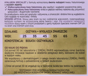 Tył opakowania kremu L'Oréal Hyaluron Specialist na noc, z opisem działania, nawilżenia i tabelą wieku.