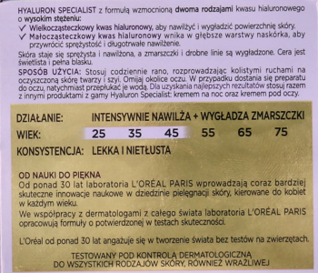 Biała ulotka kremu Hyaluron Specialist L'Oréal, z czarnym i żółtym tekstem, opisująca działanie nawilżające i przeciwzmarszczkowe.