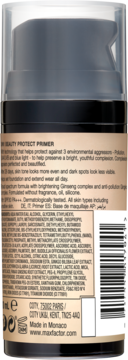 Tył czarnej butelki Max Factor Beauty Protect Primer z pompką, widoczne etykiety z listą składników.