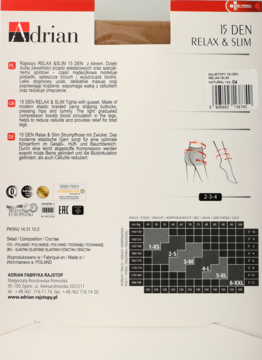 Tył białego opakowania rajstop Adrian RELAX & SLIM 15 DEN naturalnych, z diagramami nóg i tabelą rozmiarów.