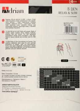 Tył opakowania rajstop Adrian Relax & Slim 15 DEN, z opisem produktu, rozmiarówką i diagramami na białym tle.