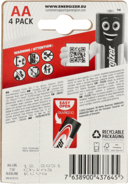 Tył kartonowego opakowania baterii alkalicznych Energizer AA 4-pak, z datą ważności i recyklingiem.