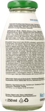 Tył butelki wody kokosowej Gold Food 250ml z Wietnamu, biała etykieta, zielona nakrętka i opis.