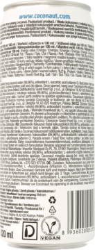 Coconaut woda kokosowa z witaminą C, tył puszki 220 ml z informacjami o składzie i kodem kreskowym.