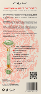 Tył opakowania jadeitowego masażera do twarzy. Zielony kamień, złota rączka, lista korzyści w języku polskim.