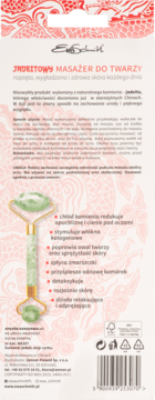 Tył opakowania jadeitowego masażera do twarzy Ewa Schmitt, zielony roller i lista korzyści, widoczny kod EAN.