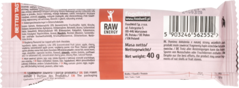Tył opakowania batonu BeRAW! Energy, malinowy w gorzkiej czekoladzie, z kodem kreskowym i masą netto 40g.