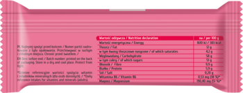 Tył różowego opakowania batona BeRAW! Energy malinowego w gorzkiej czekoladzie, z tabelą wartości odżywczych.