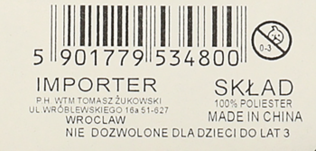 Etykieta gumki do włosów z kodem kreskowym, danymi importera i składem. Ostrzeżenie: Nie dla dzieci do lat 3.