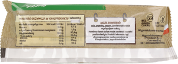 Tył opakowania pieczonego batonu daktylowego z białkiem i kolagenem, bez glutenu, z danymi odżywczymi.