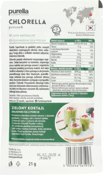 Tylna strona opakowania Purella Chlorella proszek, z tabelą wartości odżywczych i przepisem na zielony koktajl.