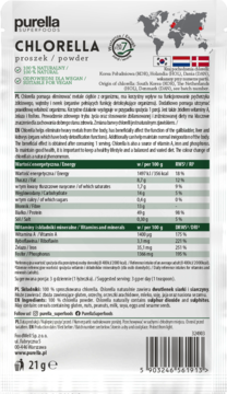 Purella SuperFoods Chlorella proszek 21g, tył opakowania z tabelą wartości odżywczych i kodem kreskowym, 100% naturalny.