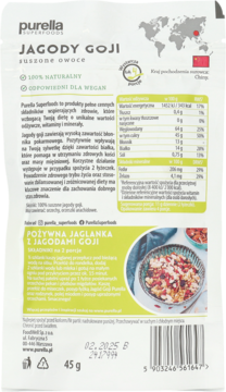 Tył białej torebki Purella Superfoods Jagody Goji, suszone owoce, z etykietą wartości odżywczych.