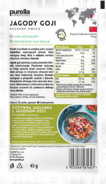 Biały tył opakowania Purella Jagody Goji suszone owoce 45g z wartościami odżywczymi, przepisem i kodem kreskowym.