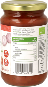 Tył słoika z pomidorowym sosem, widoczne etykiety: dane odżywcze, wegańskie i bezglutenowe logo, 330ml.