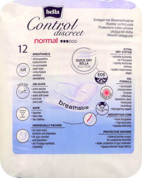 Bella Control Discreet normal, białe wkładki urologiczne w opakowaniu, oddychające i dyskretne, widok z przodu.