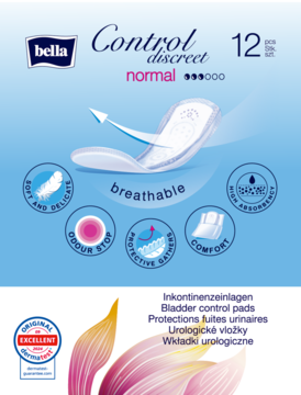 Bella Control Discreet normal, dyskretne wkładki urologiczne dla kobiet, biała wkładka na niebieskim tle z ikonami.