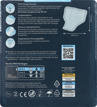 Tył niebieskiego opakowania wkładek higienicznych men level 1 (12 sztuk) z niemieckimi cechami produktu i kodem QR.