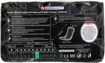 Tył czarnego opakowania Facelle Diskret Wkładki higieniczne extra plus. Widoczne niemieckie opisy i wymiary produktu.