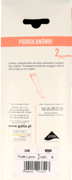 Tył opakowania Gatta, 2 pary cienkich, czarnych podkolanówek damskich 15 DEN z elastanu, z opisem produktu.